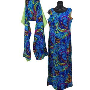 Vintage 1960's 1970's DATE MATE STYLE QUEEN Hawaiian Maxi Dress ~ Matching Sash!